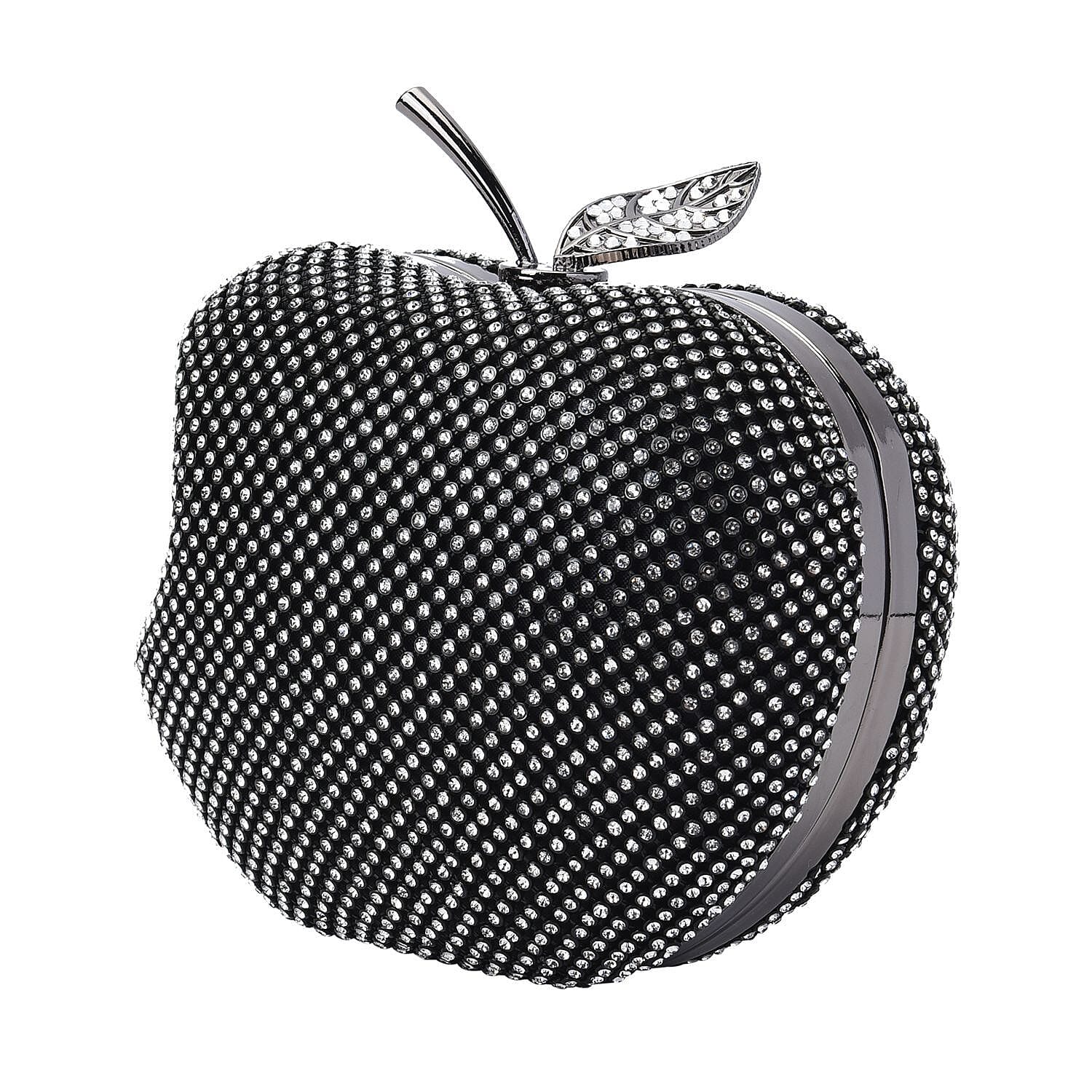 Back By Popular Demand - Apple Shape Crystal Clutch Bag with Long Chain Strap - Toggle Clip - Gun