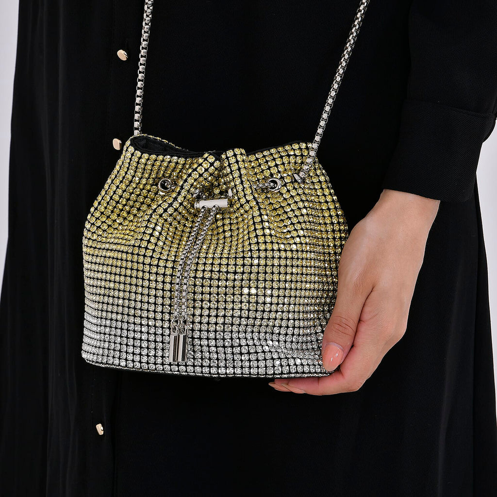 Gradient colour crystal drawstring bucket bag (Size 17x11x17 cm) - Yellow & Yellow