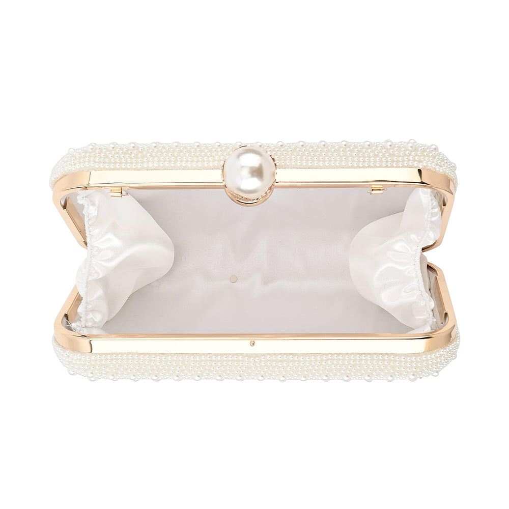 Closeout Deal - Imitation Pearl Embellished Evening Clutch with Chain Strap - White