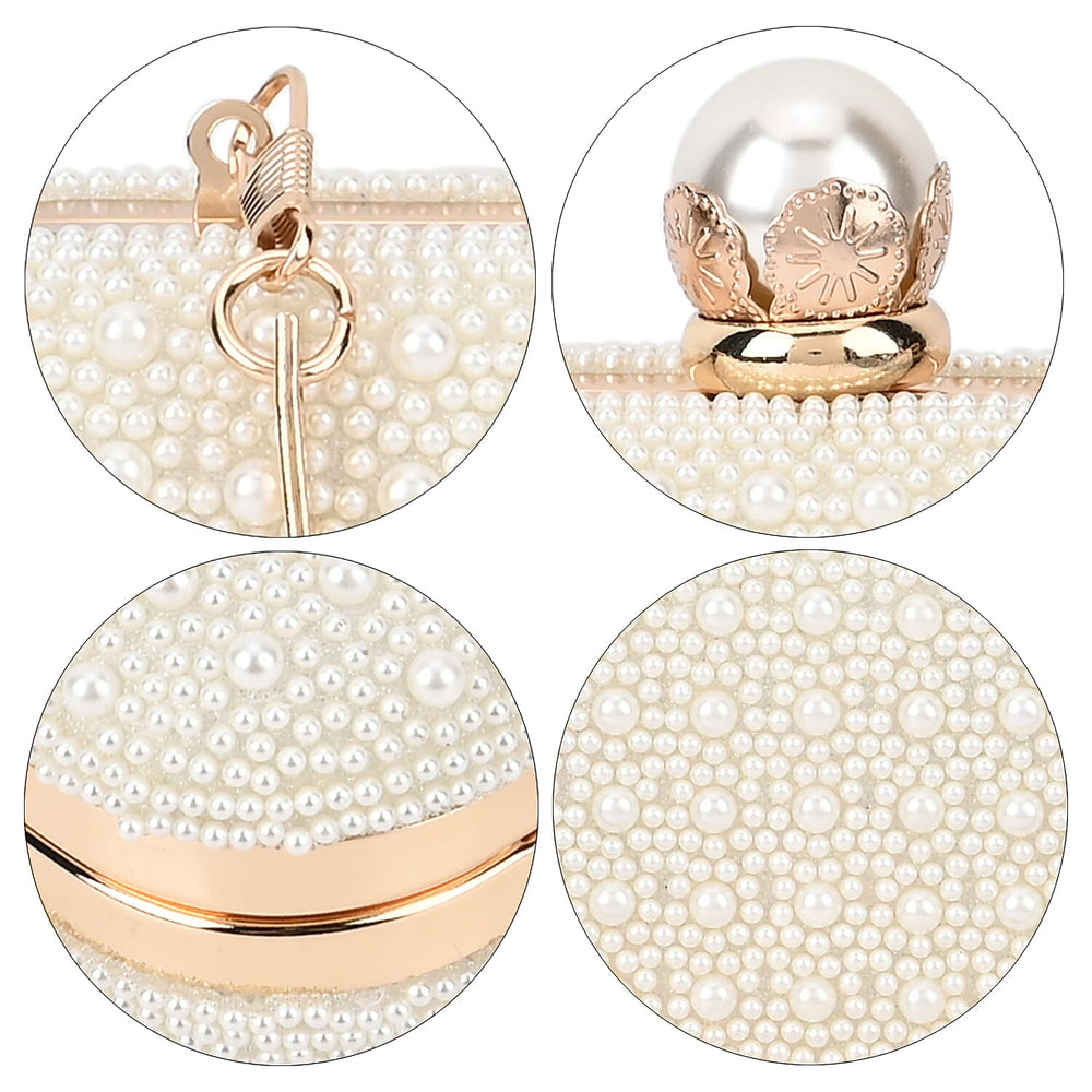 Closeout Deal - Imitation Pearl Embellished Evening Clutch with Chain Strap - White