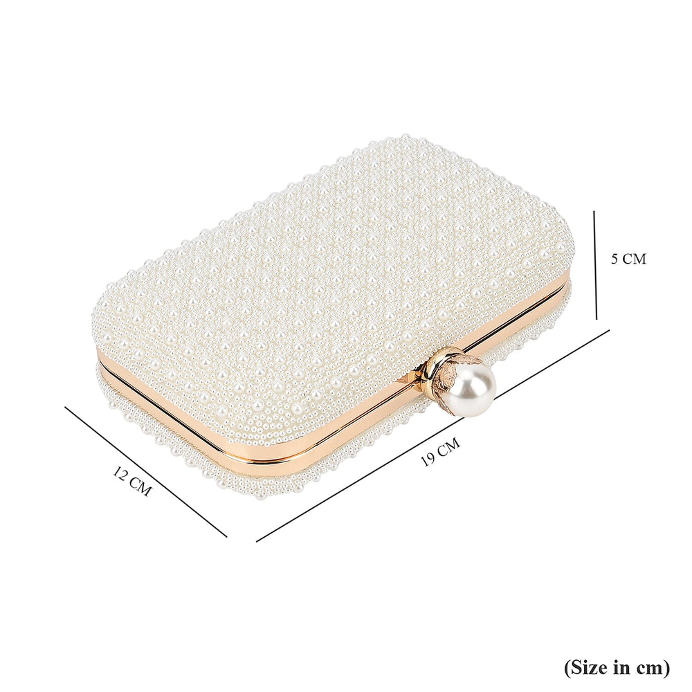 Closeout Deal - Imitation Pearl Embellished Evening Clutch with Chain Strap - White