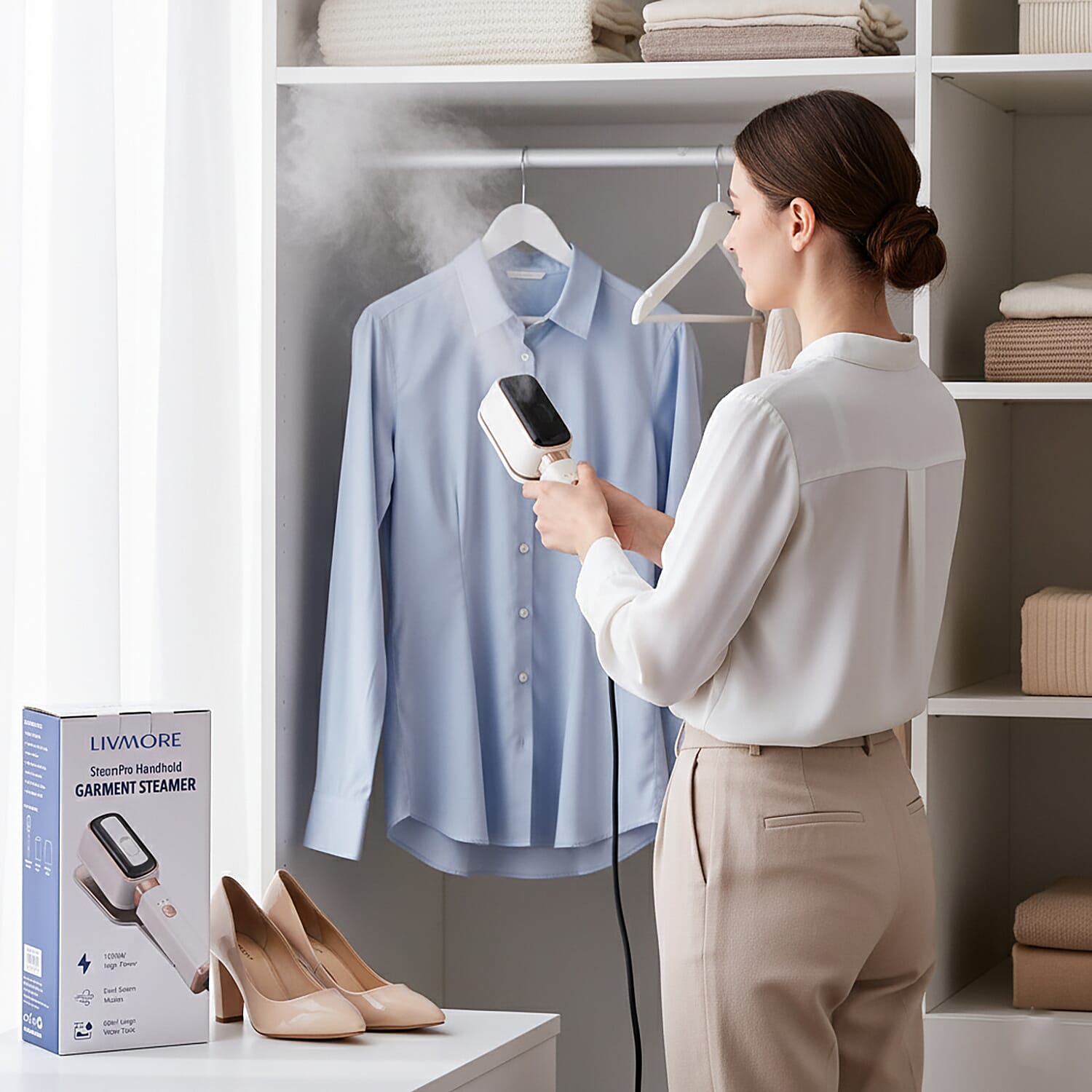 LIVMORE Handheld Garment Steamer (1000W) - 180Degree Rotatable Panel for Vertical & Flat Ironing - 60ML Transparent Water Tank - Beige