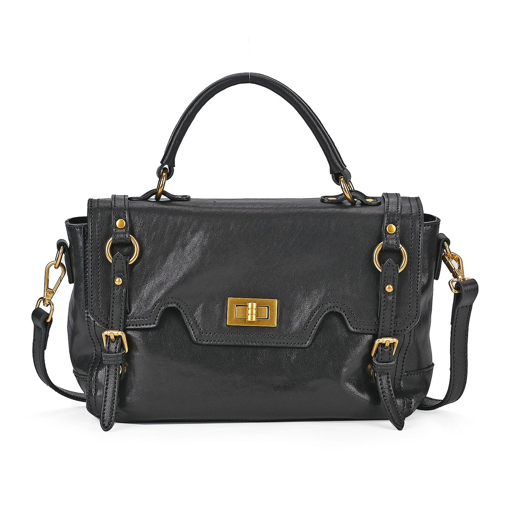 Italy Retro Noble Collection - Genuine Leather Crossbody Bag with Handle Drop - Black