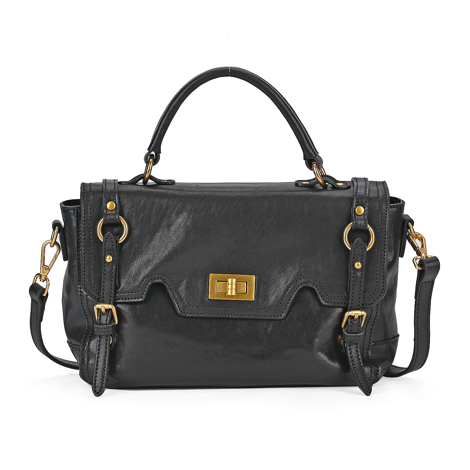 Italy Retro Noble Collection - Genuine Leather Crossbody Bag with Handle Drop - Black