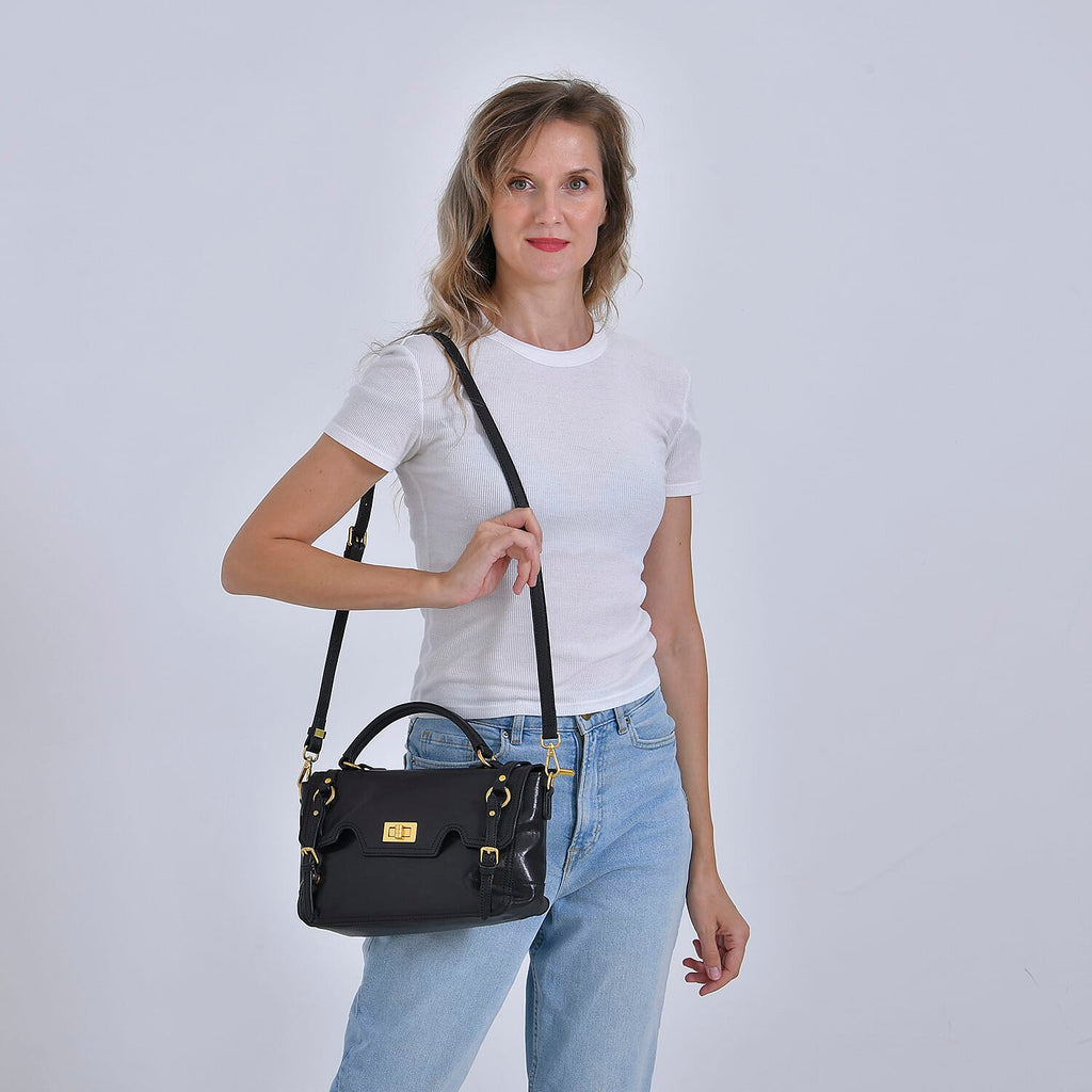 Italy Retro Noble Collection - Genuine Leather Crossbody Bag with Handle Drop - Black