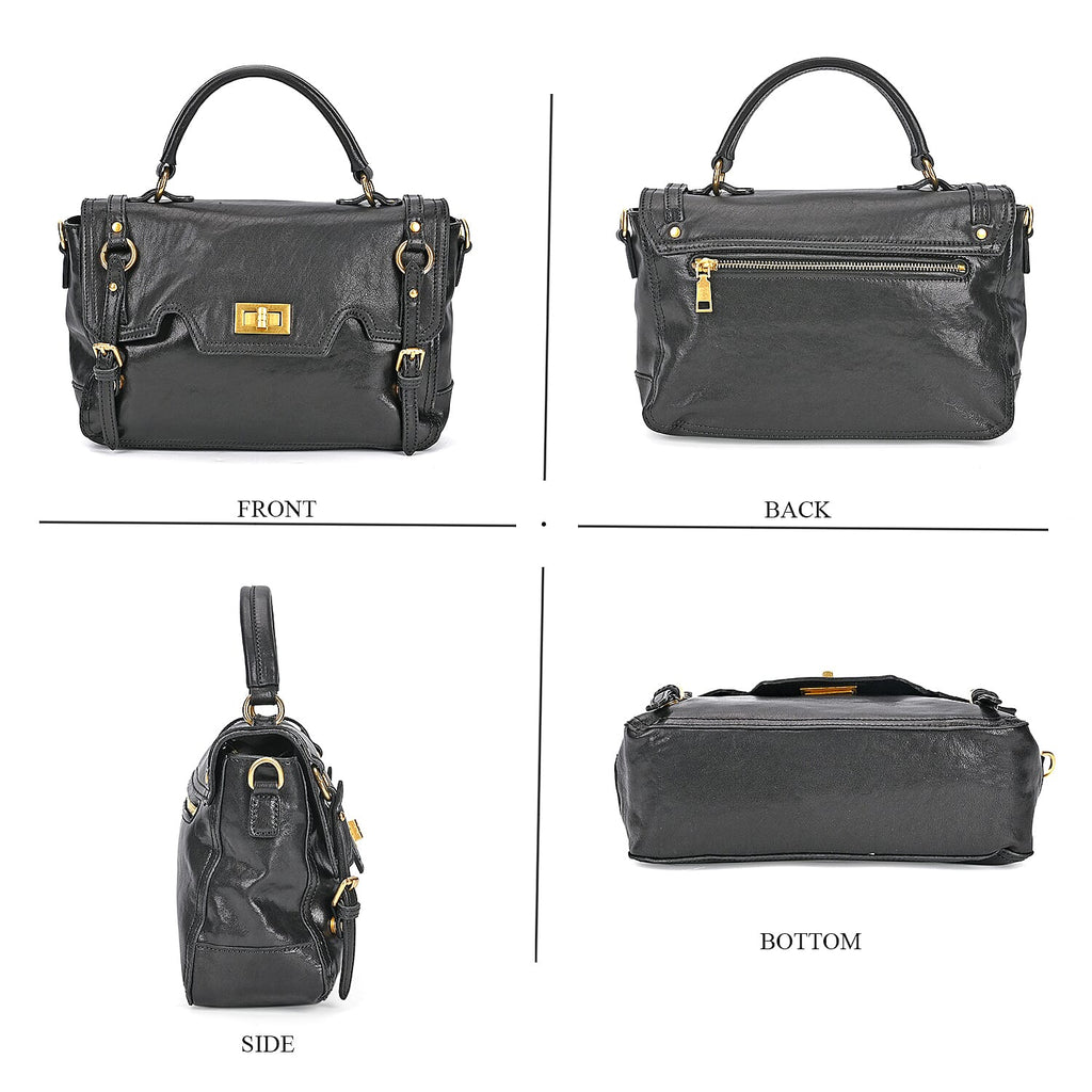 Italy Retro Noble Collection - Genuine Leather Crossbody Bag with Handle Drop - Black