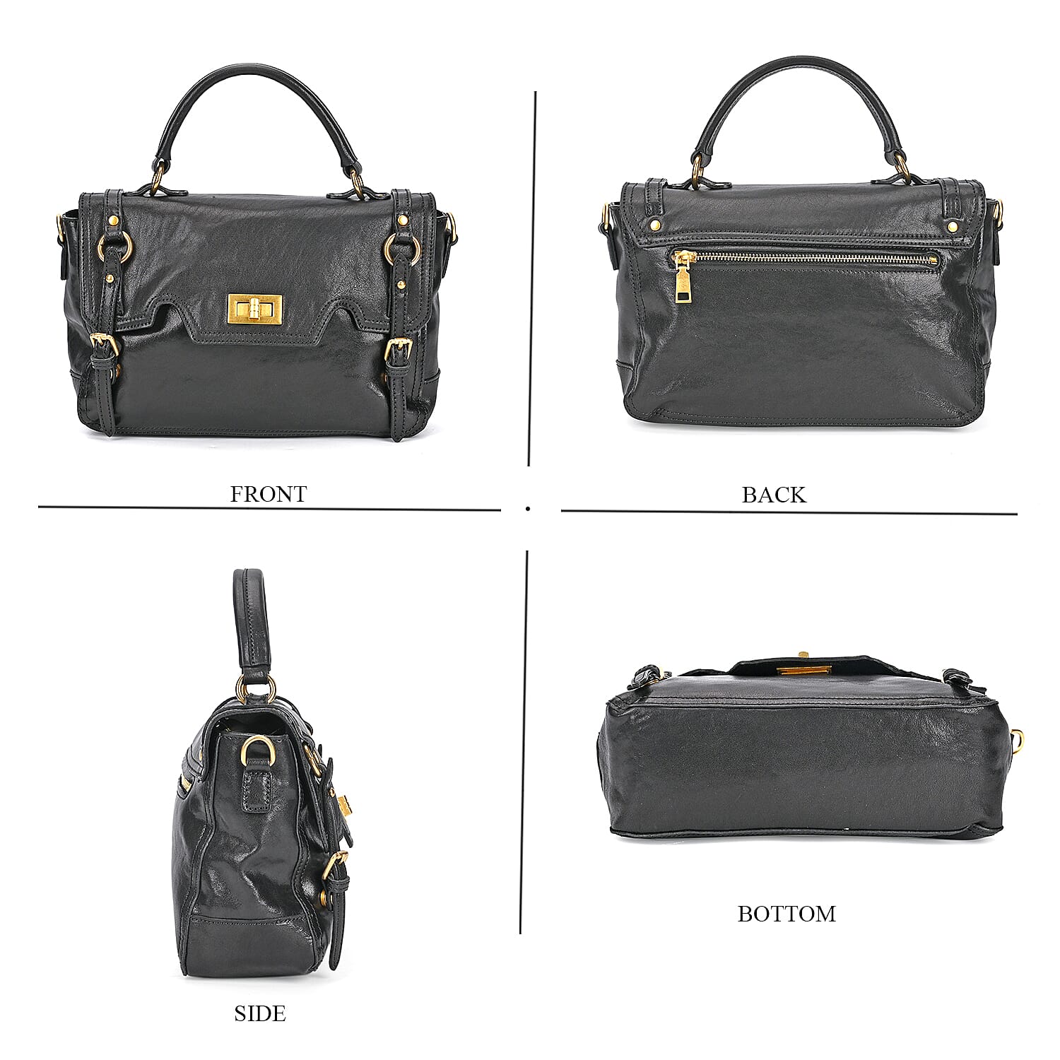 Italy Retro Noble Collection - Genuine Leather Crossbody Bag with Handle Drop - Black