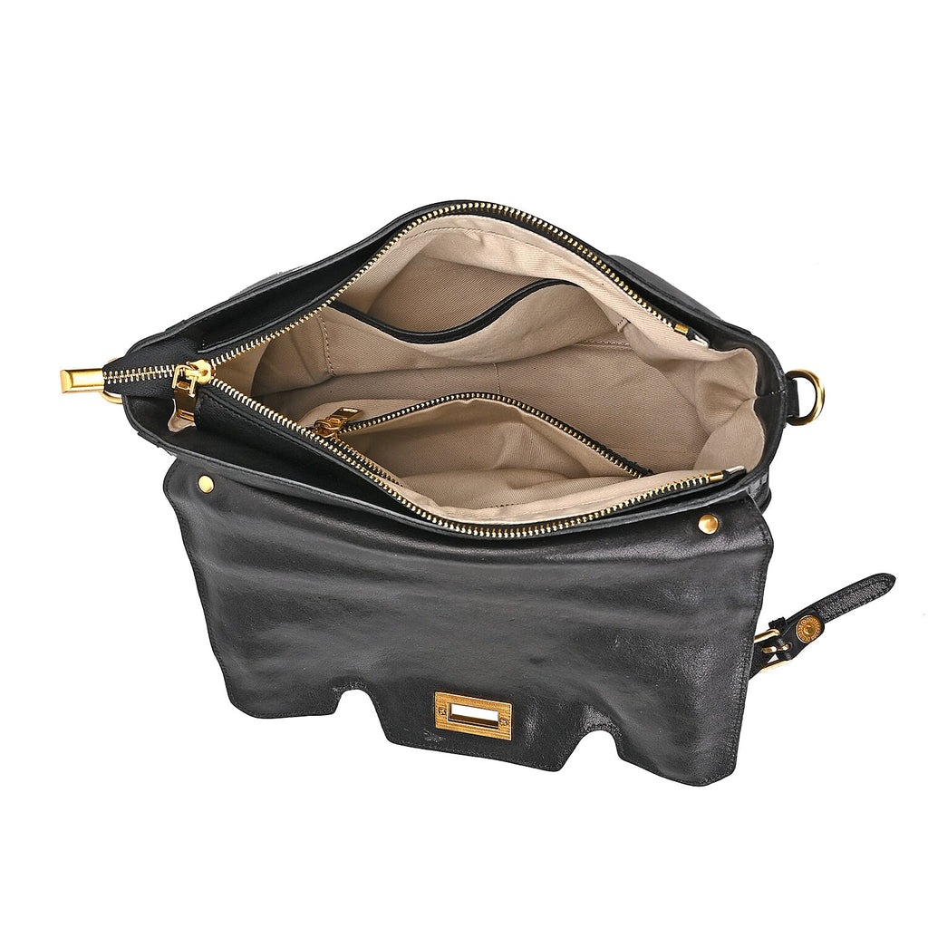 Italy Retro Noble Collection - Genuine Leather Crossbody Bag with Handle Drop - Black