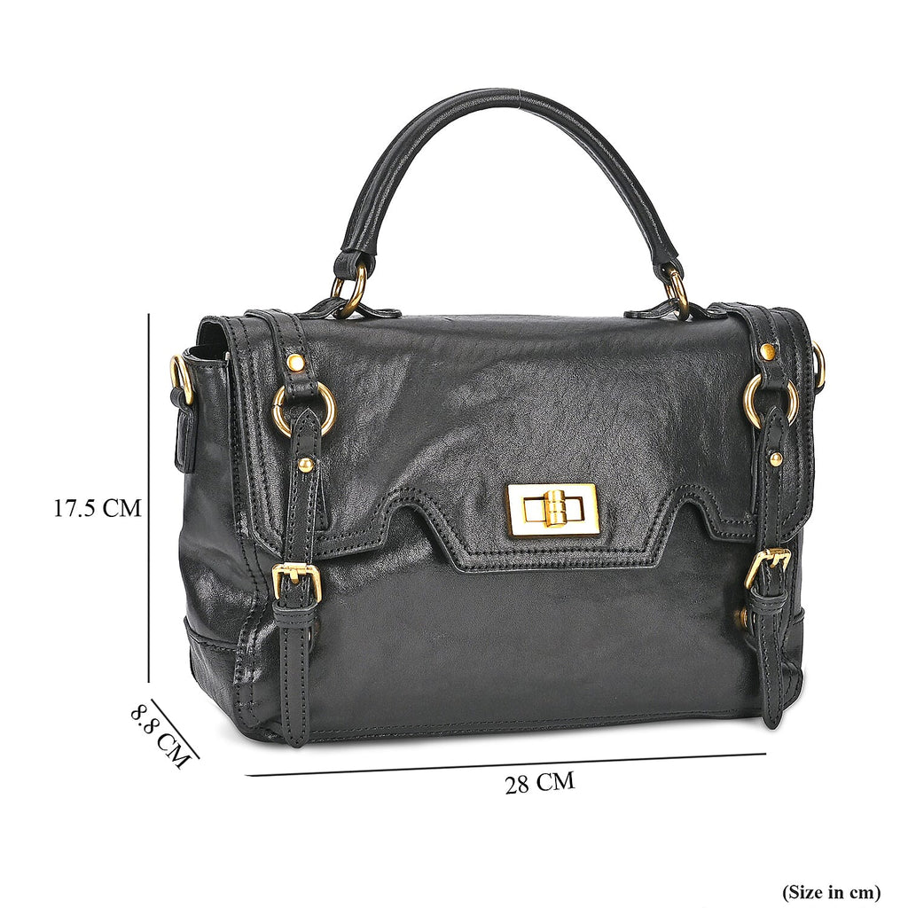 Italy Retro Noble Collection - Genuine Leather Crossbody Bag with Handle Drop - Black
