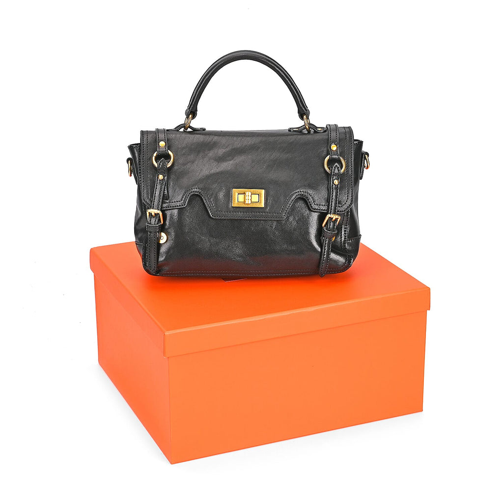 Italy Retro Noble Collection - Genuine Leather Crossbody Bag with Handle Drop - Black