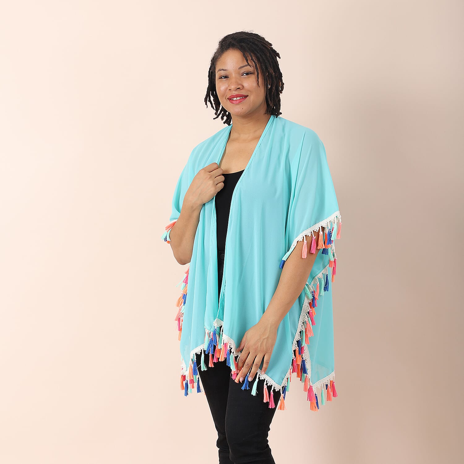 JOVIE Chiffon Kimono with Floral Printed Border (Size 75X82 Cm) - Blue
