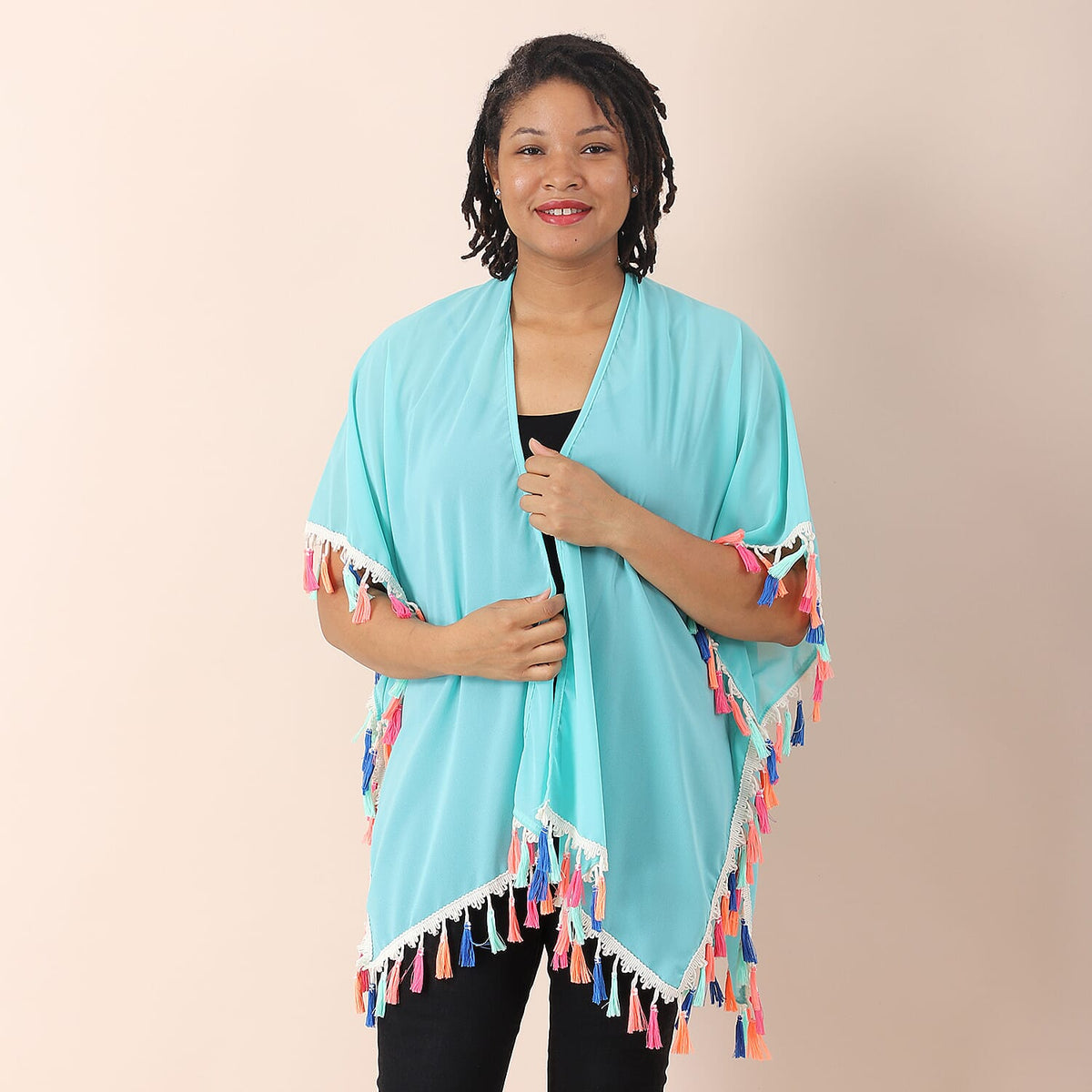 JOVIE Chiffon Kimono with Floral Printed Border (Size 75X82 Cm) - Blue