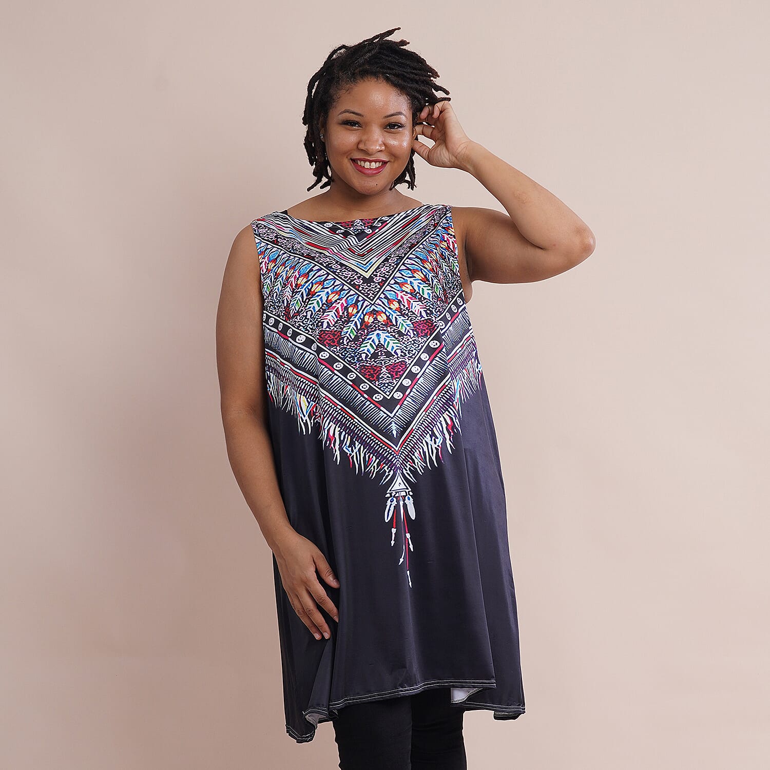 JOVIE Embroidery Sleeveless A-Line Women Tunic (Size-22 ) - Black