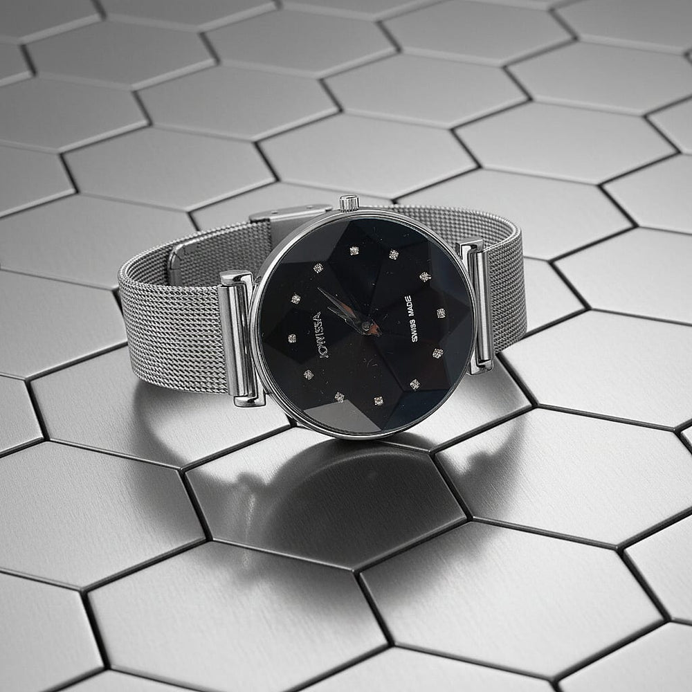 Jowissa - Facet Swiss Water Resistant Black Dial Bracelet Watch with Star Cut and Stainless Steel Mesh Style Strap