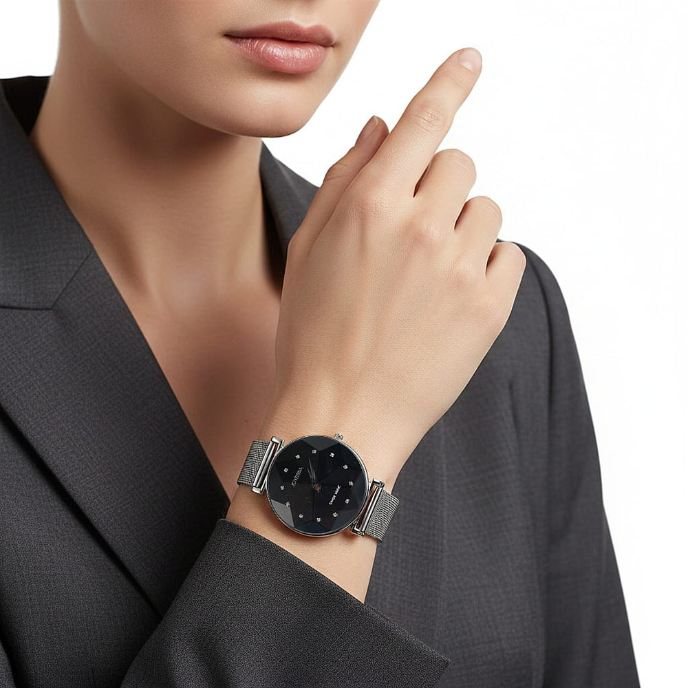 Jowissa - Facet Swiss Water Resistant Black Dial Bracelet Watch with Star Cut and Stainless Steel Mesh Style Strap