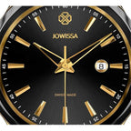 JOWISSA Tiro Swiss Mens 5 ATM Water Resistant Watch with Alligator Print Genuine Leather Strap - Black & Gold