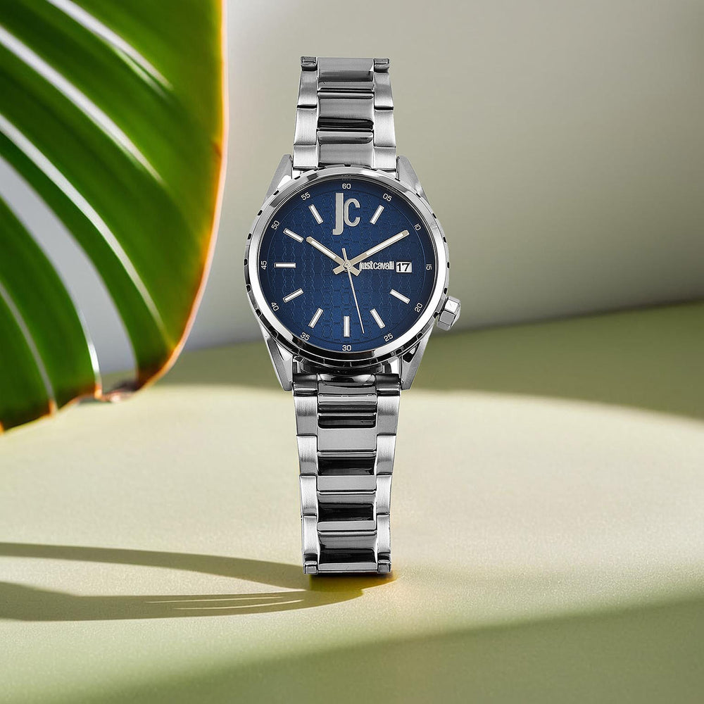 JUST CAVALLI 10 ATM Water Resistant Blue Dial Watch with Stainless Steel Chain Strap