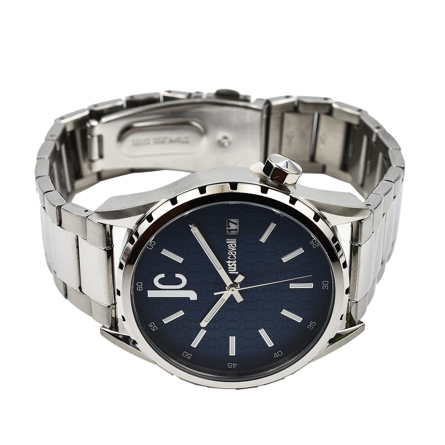JUST CAVALLI 10 ATM Water Resistant Blue Dial Watch with Stainless Steel Chain Strap