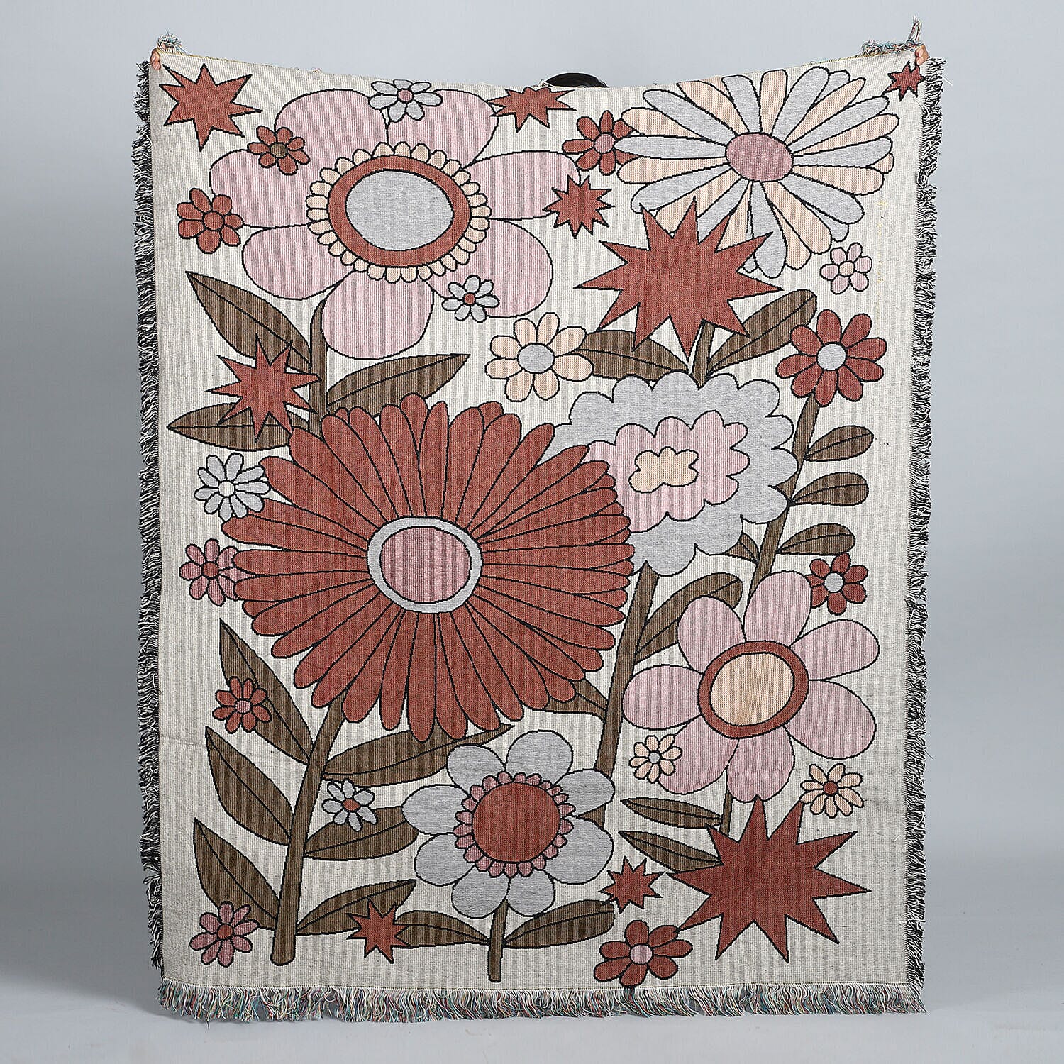 Jacquard Woven Big Flower Printed Throw with Fringes (Size 150x126Cm) - Red, Pink and Multi