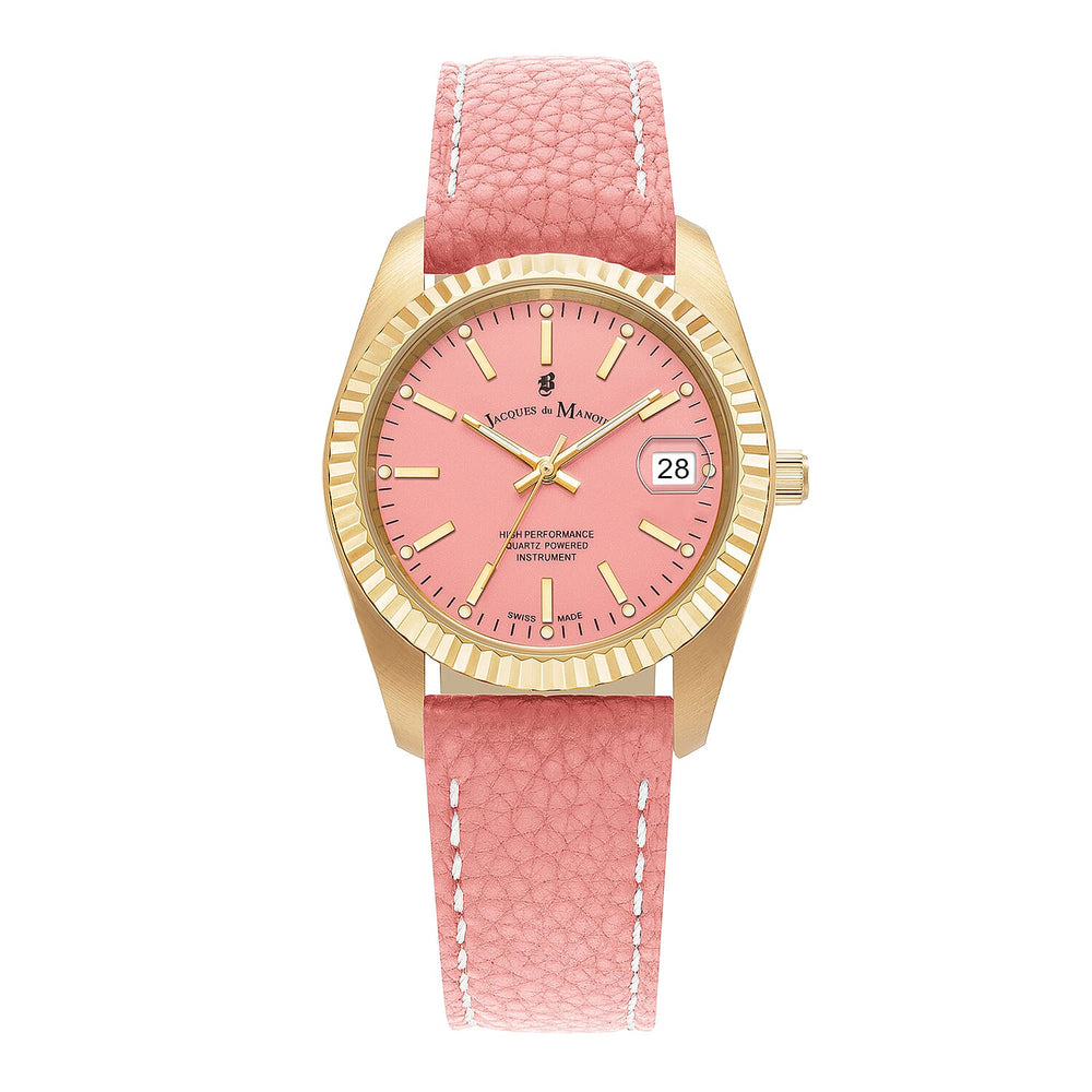Jacques Du Manoir Inspiration Swiss Quartz Movt. 5ATM WR Pink Dial with Gold Case Ladies Watch with Leather Strap