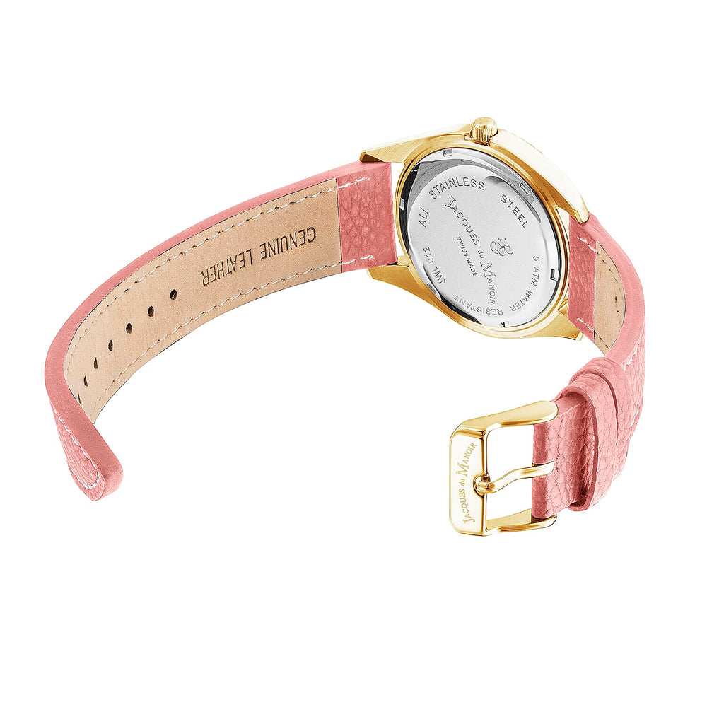 Jacques Du Manoir Inspiration Swiss Quartz Movt. 5ATM WR Pink Dial with Gold Case Ladies Watch with Leather Strap