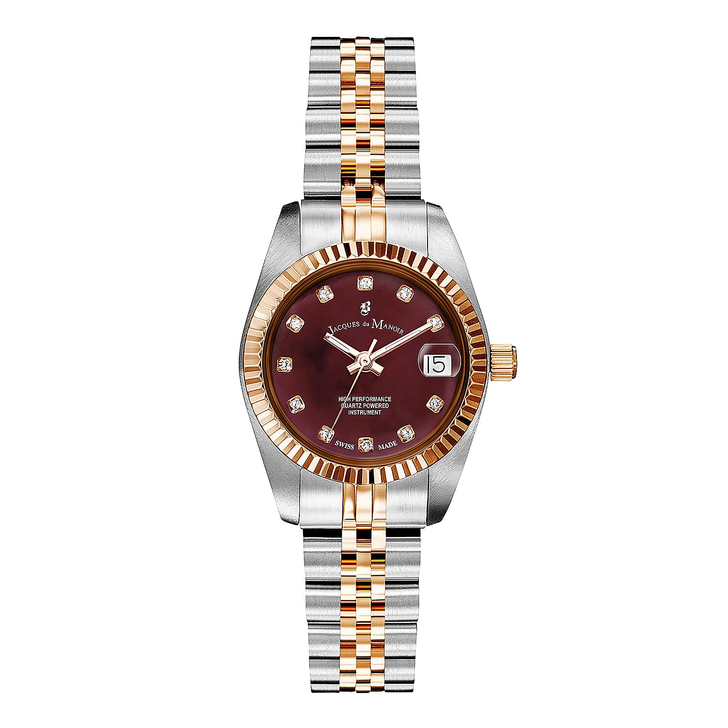 Jacques Du Manoir Inspiration Swiss Quartz Movt. 5ATM WR Brown Dial with Silver Case Ladies Watch with Two Tone Stainless Steel Strap