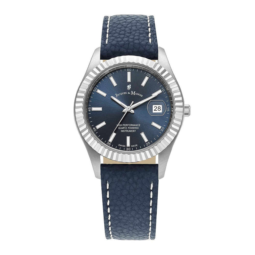 JACQUES DU MANOIR Swiss Quartz Movement 5ATM Water Resistance Silver Dial Mens Watch with Blue Leather Strap