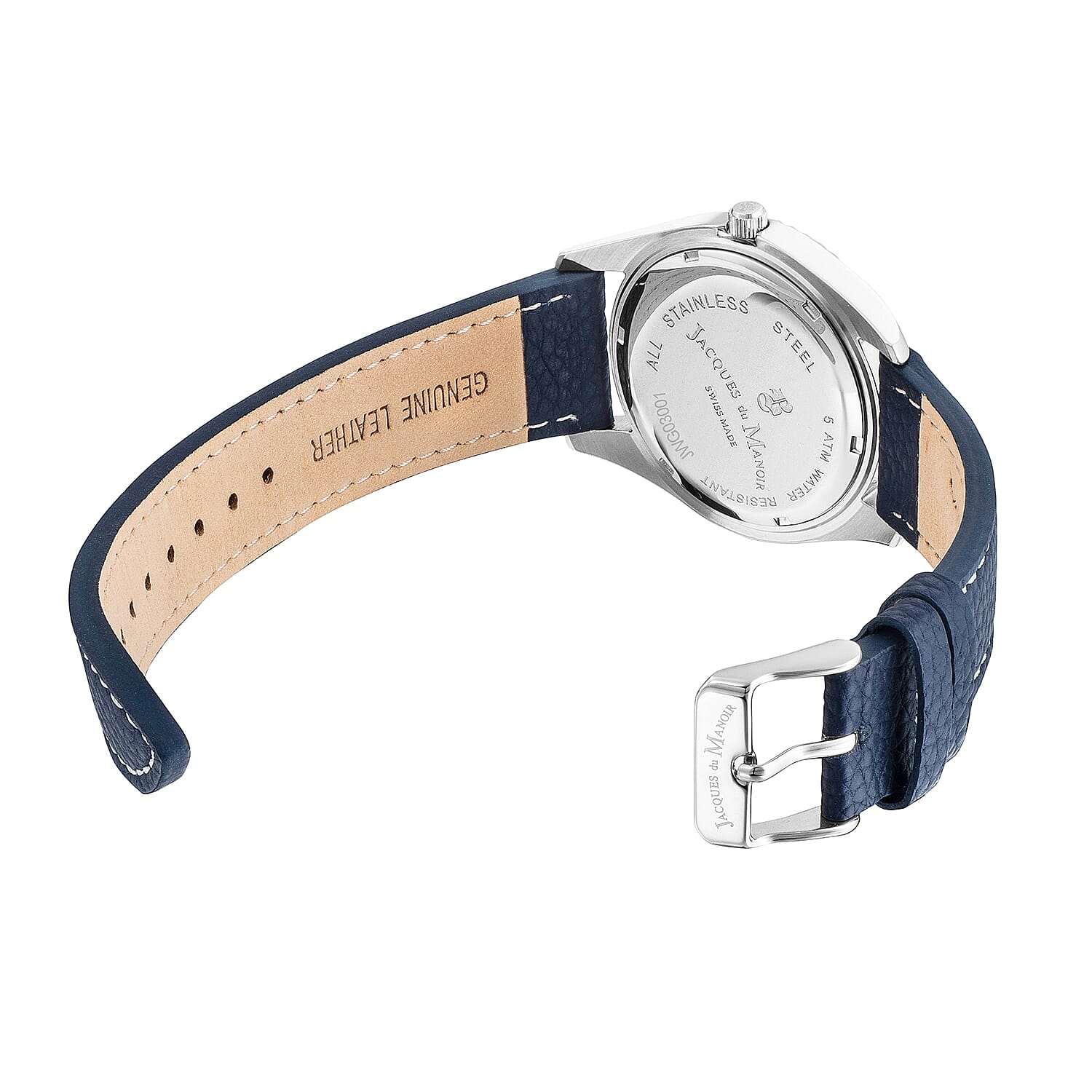 JACQUES DU MANOIR Swiss Quartz Movement 5ATM Water Resistance Silver Dial Mens Watch with Blue Leather Strap