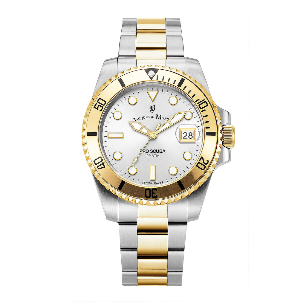 JACQUES DU MANOIR Swiss Quartz Movement 5ATM Water Resistance Silver - Gold Dial Mens Watch with Two-Tone Stainless Steel Strap