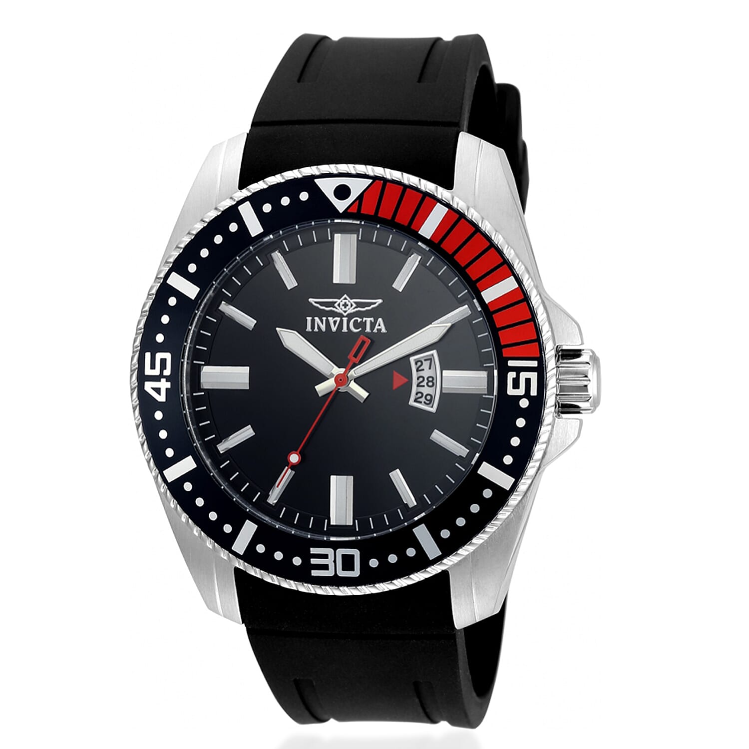 Invicta Pro Diver PC32 Japanese Quartz 10ATM Black Dial 48mm Silver Stainless Steel Case Mens Watch with Black Silicone Strap