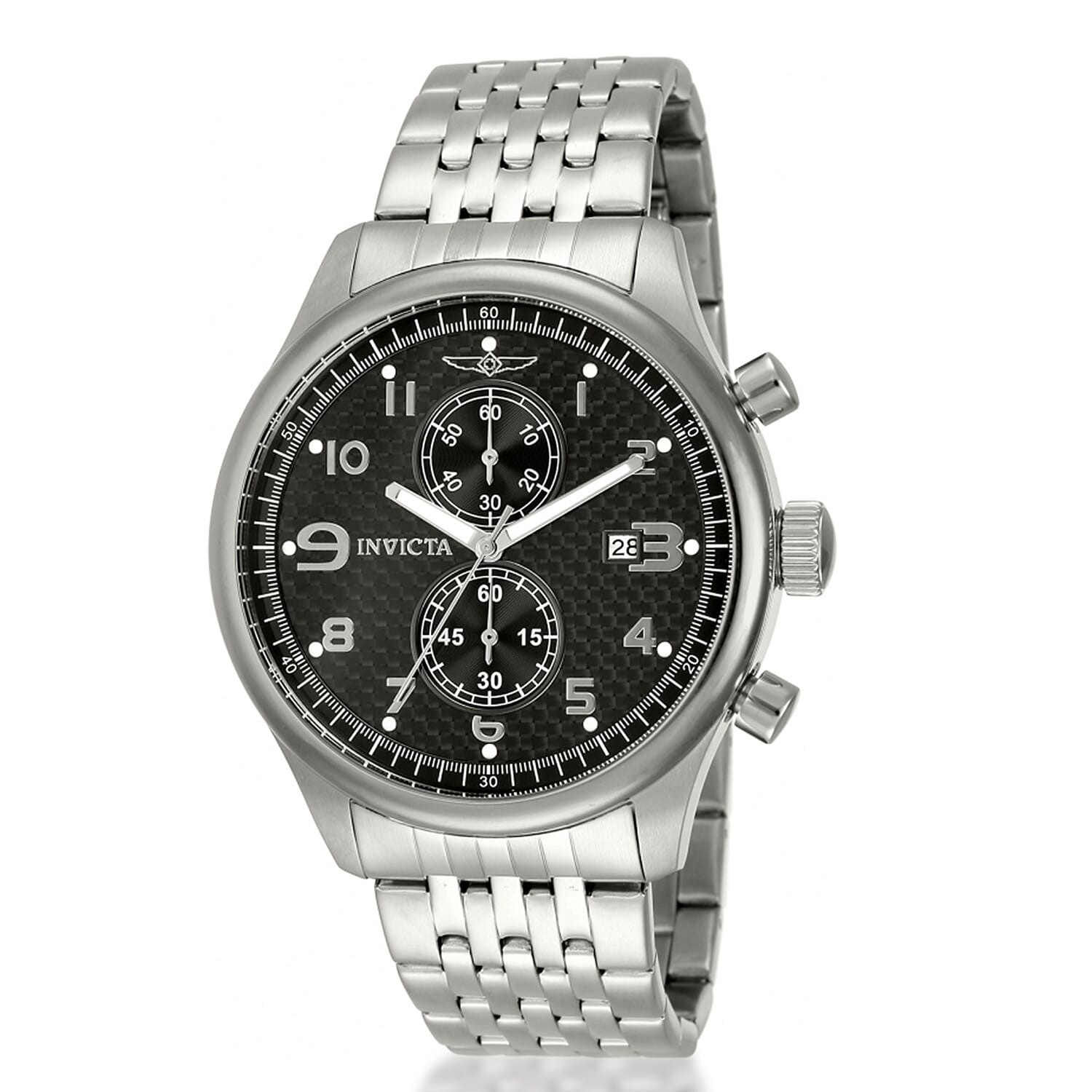 Invicta Specialty VD51 10ATM Black Dial 48mm Silver Stainless Steel Case Mens Watch with Silver Stainless Steel Band