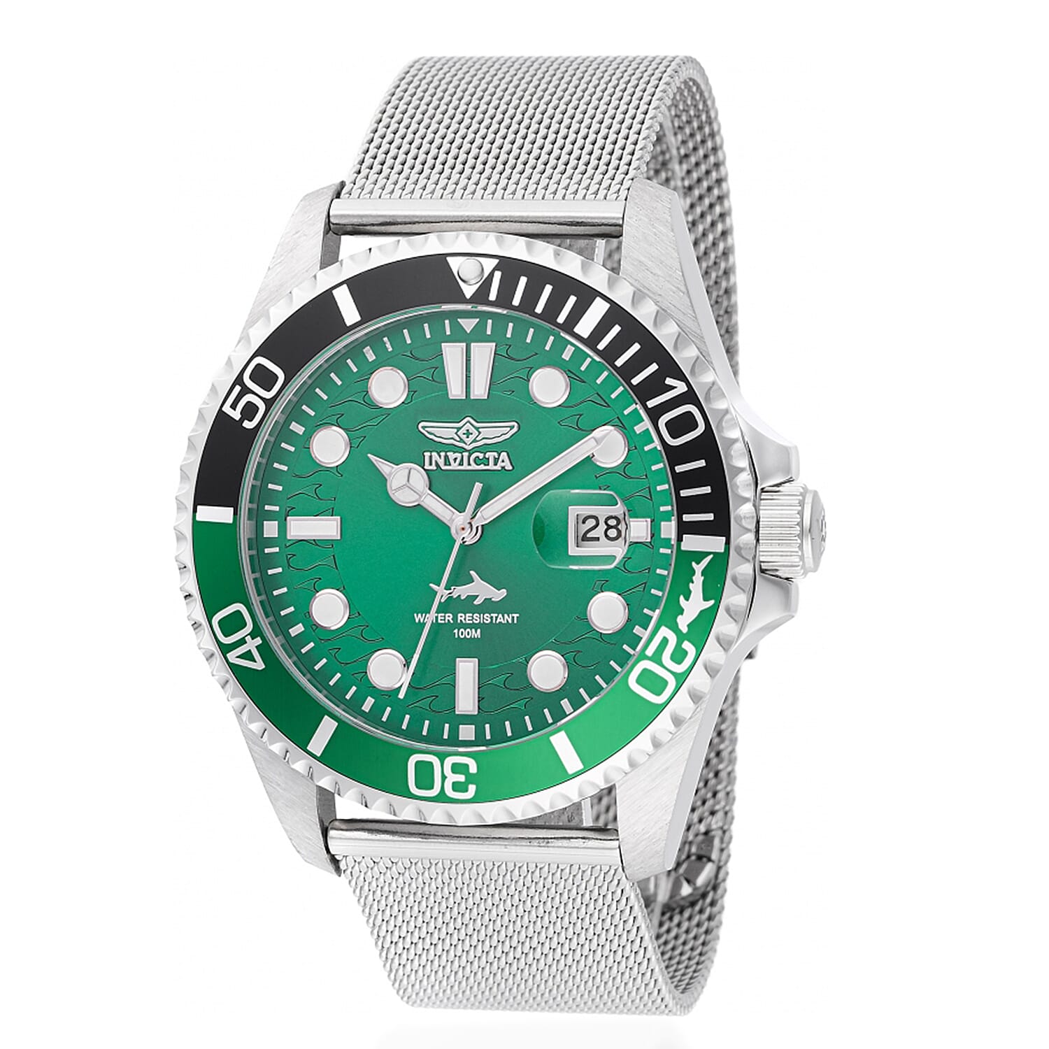 Invicta Pro Diver PC32 10ATM Green Dial 57mm Silver Stainless Steel Case Mens Watch with Silver Mesh Band