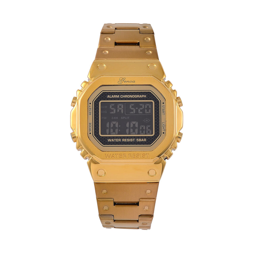 GENOA TIME V2 Japanese Movt. 5ATM Water Resistant Black Multifunctional LED Dial Watch with Gold Colour Stainless Steel Strap