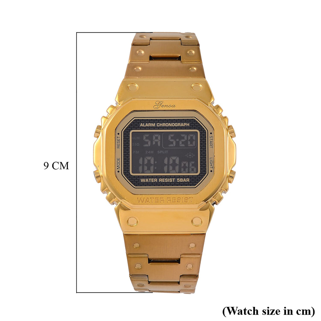 GENOA TIME V2 Japanese Movt. 5ATM Water Resistant Black Multifunctional LED Dial Watch with Gold Colour Stainless Steel Strap