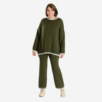 Women’s Knitted Cropped Wide-Leg Trousers with Contrast Stitch Hem