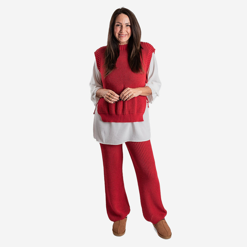 Knitted Wide Leg Trousers (One Size, 8-18) - Red