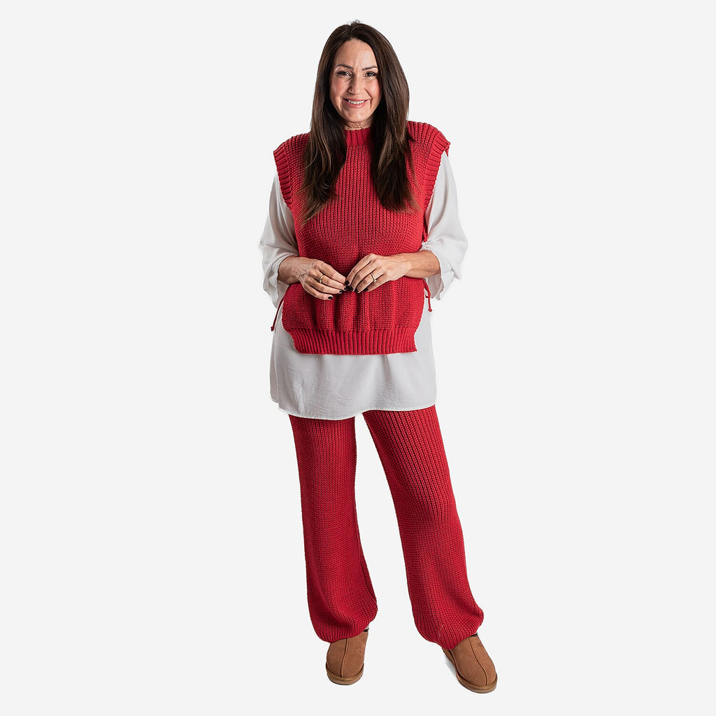 Knitted Wide Leg Trousers (One Size, 8-18) - Red