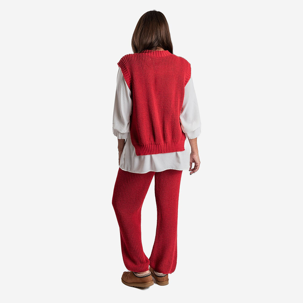 Knitted Wide Leg Trousers (One Size, 8-18) - Red