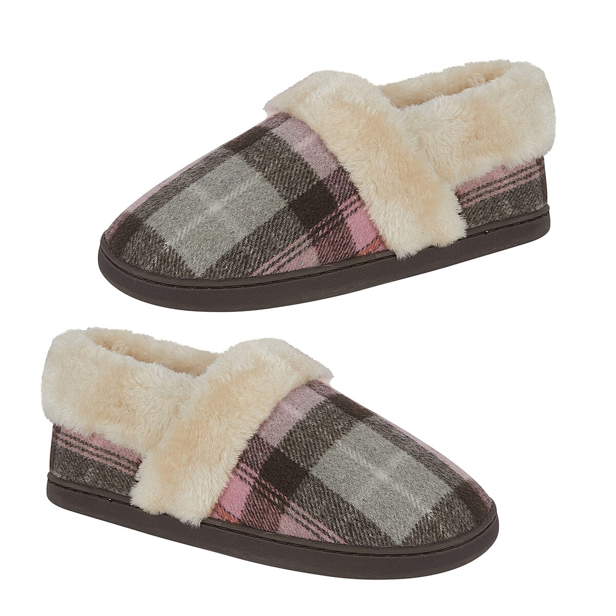 Jo - Joe Heritage Cosy Check Mule With Faux Fur Trim (Size 3) - Blush