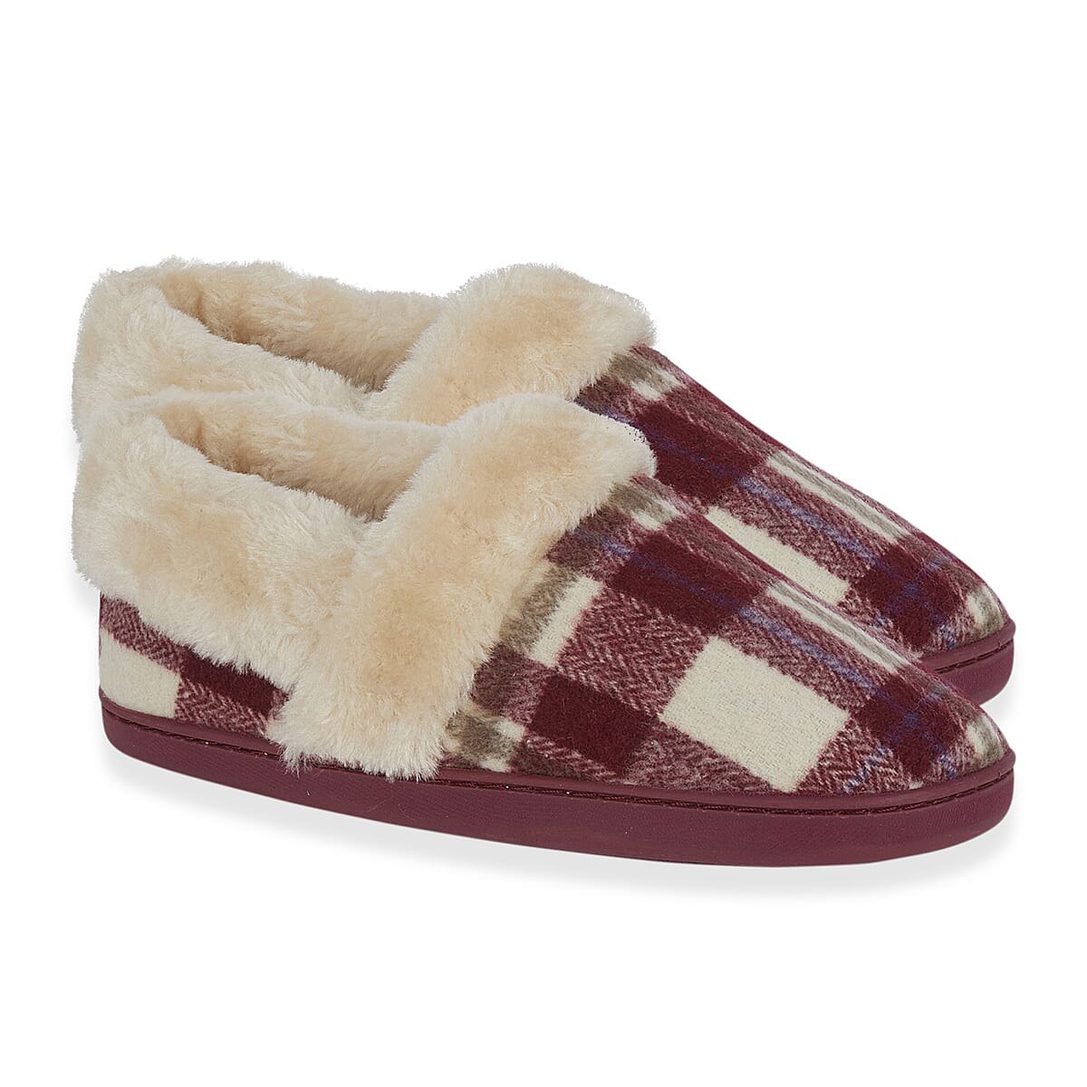 Jo - Joe Heritage Cosy Check Mule With Faux Fur Trim (Size 7) - Cherry