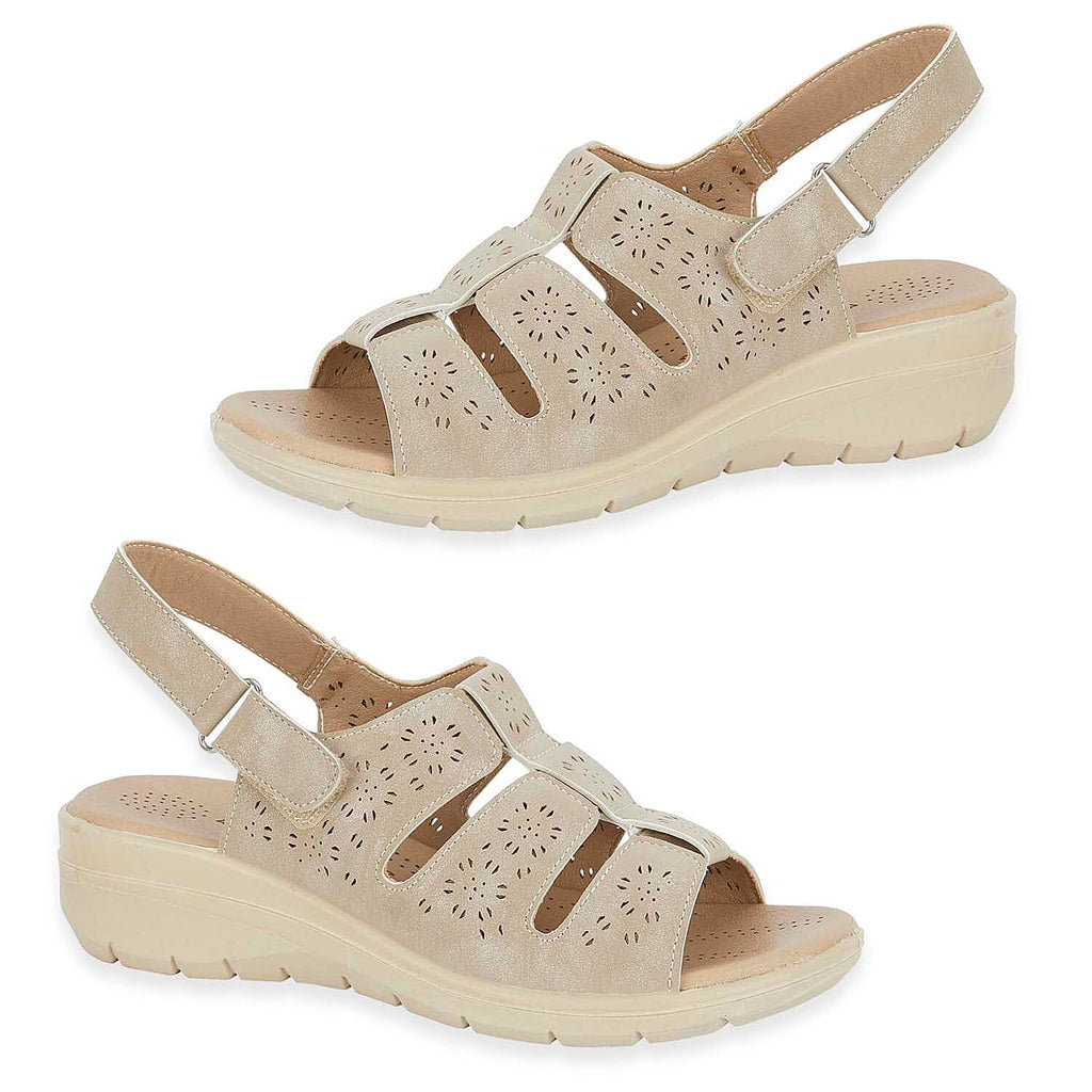 Shoetree Comfort Catania Womens Low Wedge Touch & Close Floral Pattern Cutout Design Sandals (Size - 3) - Beige