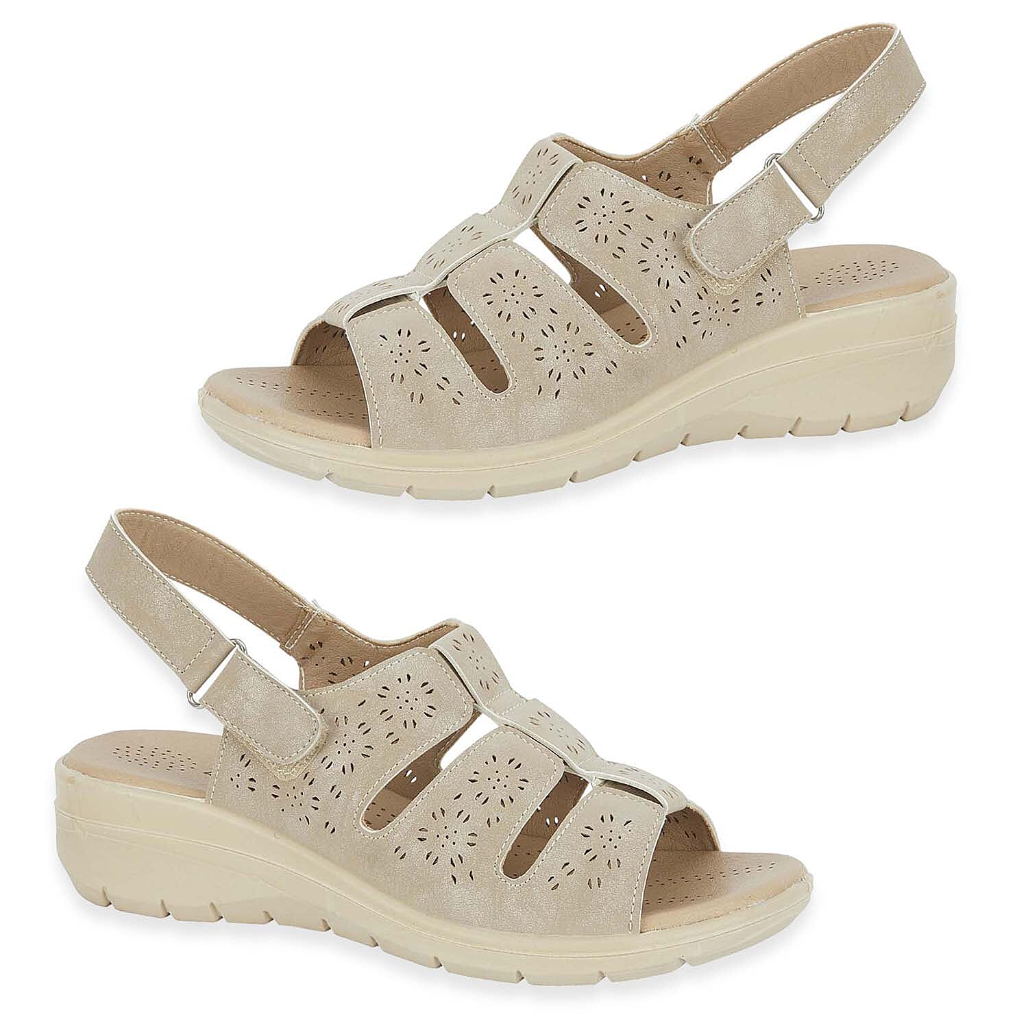 Shoetree Comfort Catania Womens Low Wedge Touch & Close Floral Pattern Cutout Design Sandals (Size - 3) - Beige