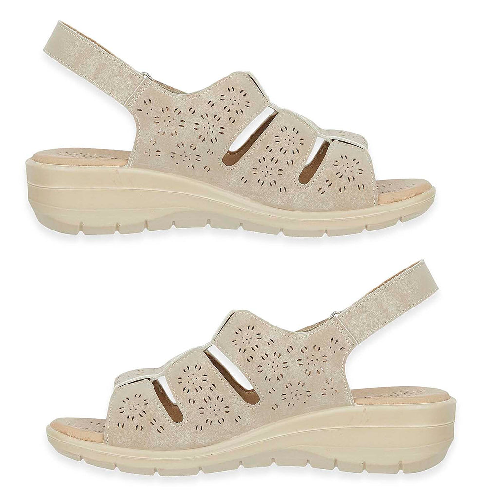 Shoetree Comfort Catania Womens Low Wedge Touch & Close Floral Pattern Cutout Design Sandals (Size - 3) - Beige