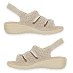Shoetree Comfort Catania Womens Low Wedge Touch & Close Floral Pattern Cutout Design Sandals (Size - 3) - Beige