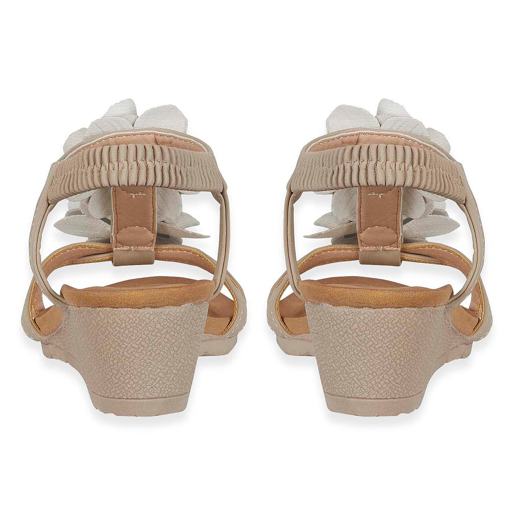 Jo - Joe Bloomsbury Ladies Lightweight Wedge Sandal With Flower Trims And Elasticated Back Strap (Size 4) - Beige