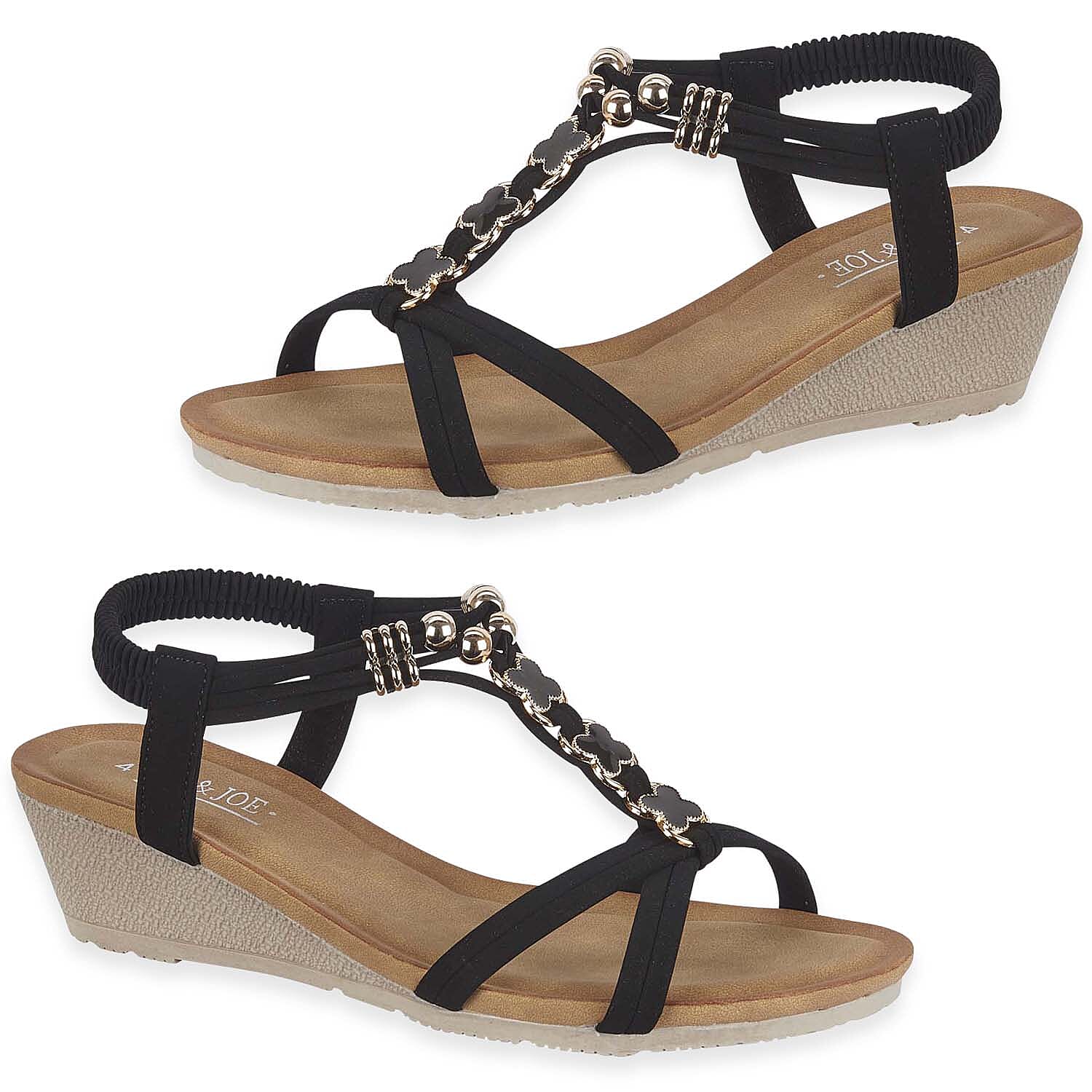 Jo - Joe Mango Ladies Wedge Sandal With Beaded Trim  Embellishments And Elasticated Back Strap (Size 4) - Black