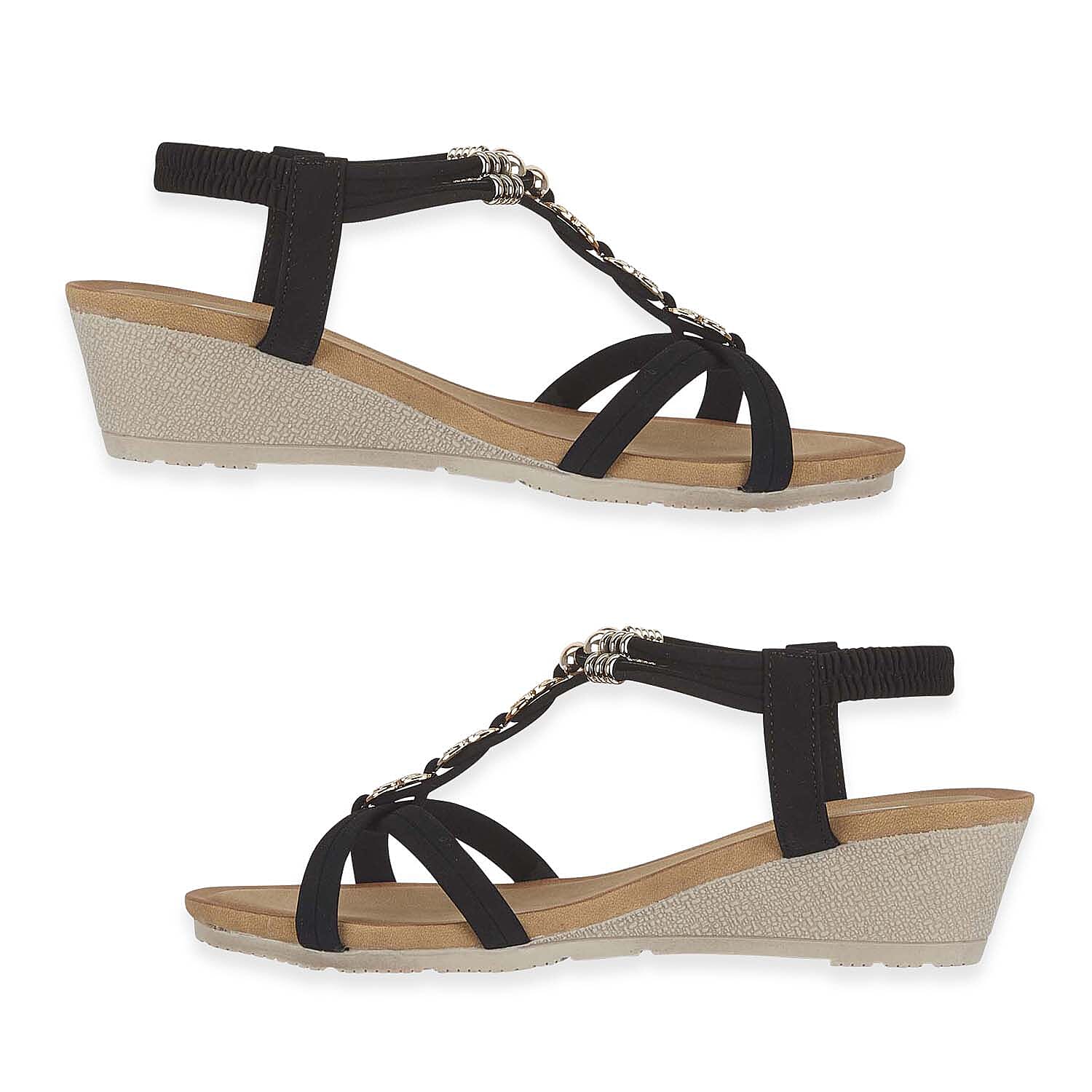 Jo - Joe Mango Ladies Wedge Sandal With Beaded Trim  Embellishments And Elasticated Back Strap (Size 4) - Black