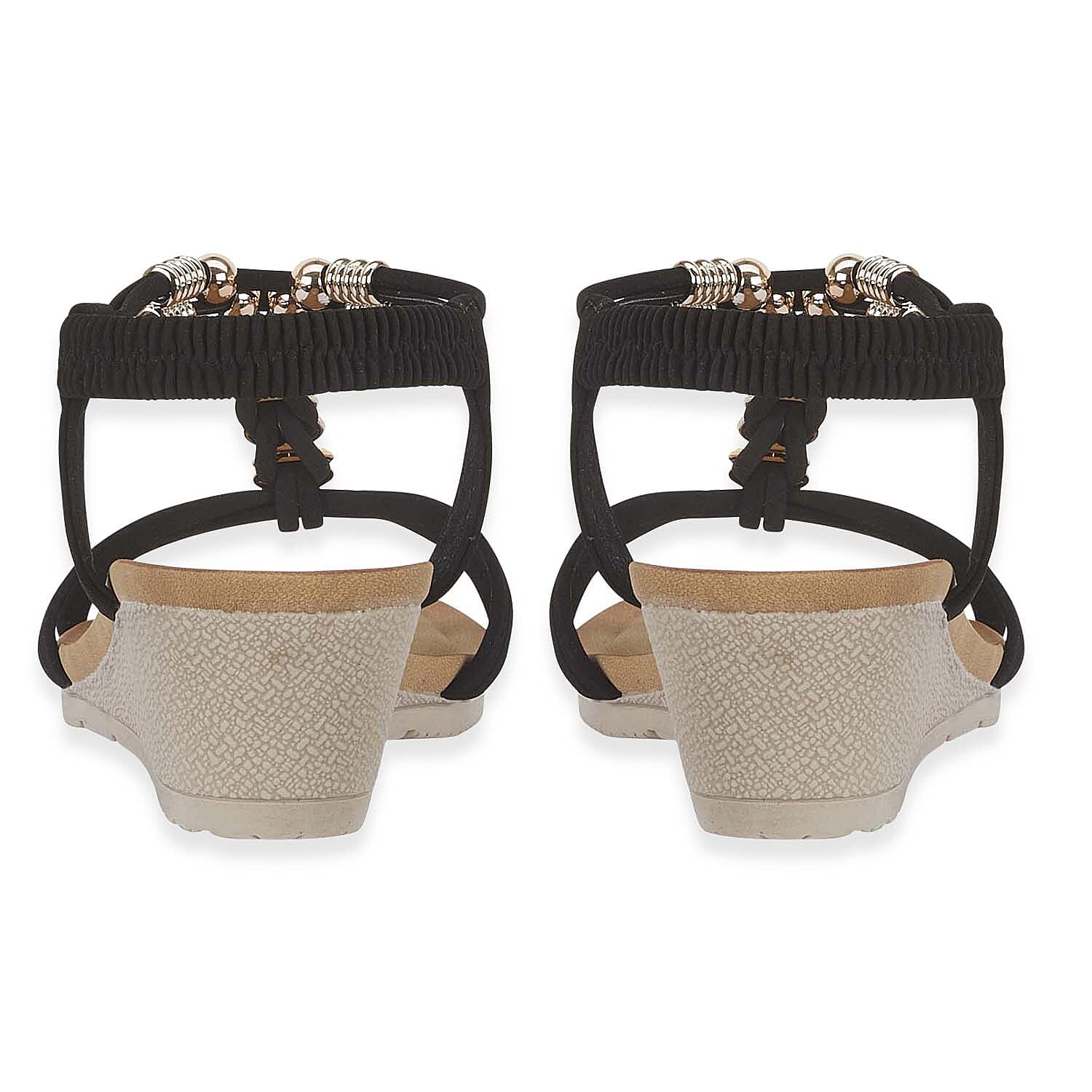 Jo - Joe Mango Ladies Wedge Sandal With Beaded Trim  Embellishments And Elasticated Back Strap (Size 4) - Black
