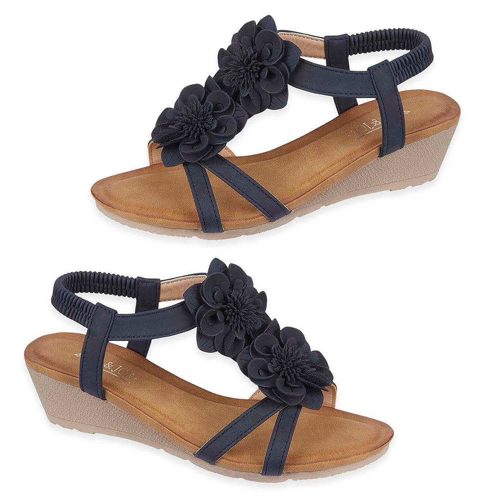 Jo - Joe Bloomsbury Ladies Lightweight Wedge Sandal With Flower Trims And Elasticated Back Strap (Size 4) - Navy