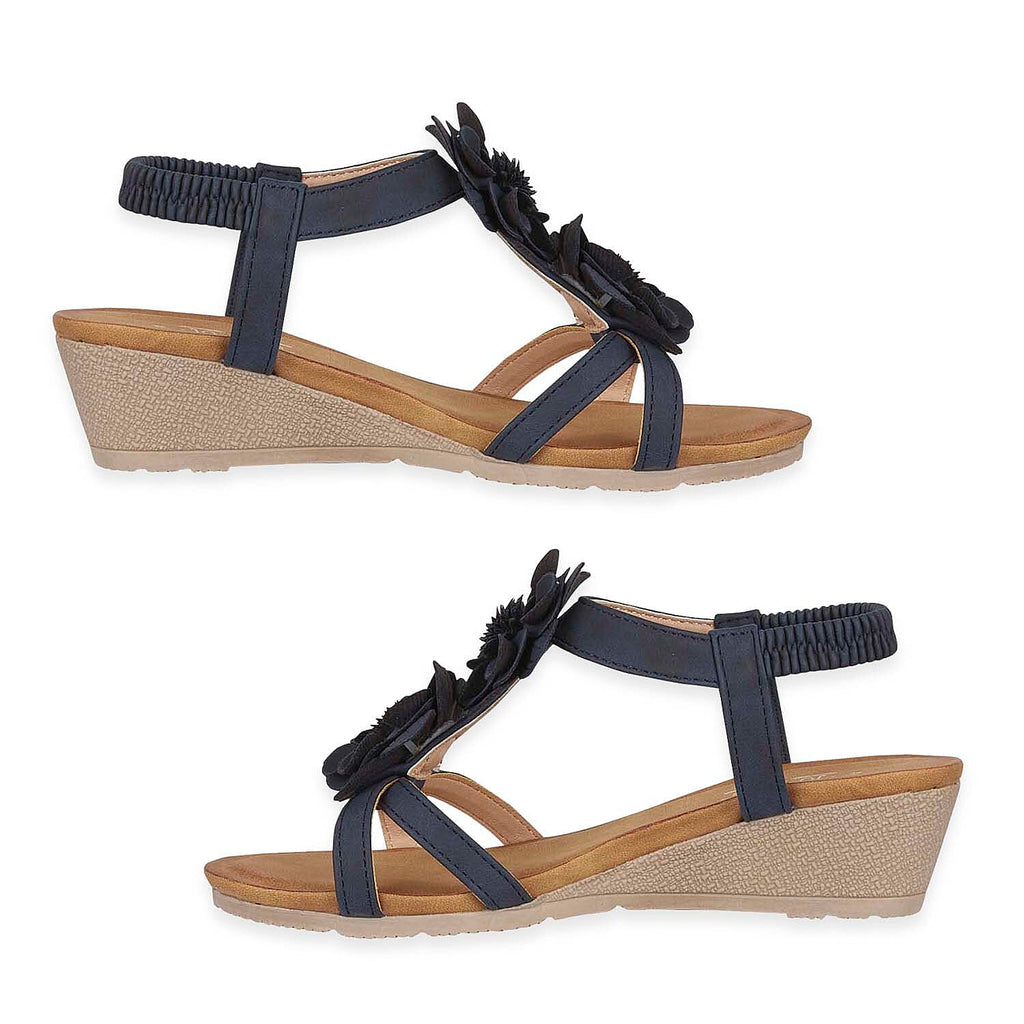 Jo - Joe Bloomsbury Ladies Lightweight Wedge Sandal With Flower Trims And Elasticated Back Strap (Size 4) - Navy